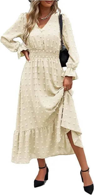 MASCOMODA Women Boho Maxi Dress 2025 Long Sleeve V Neck Swiss Dot Smocked High Waisted A-Line Ruffle Tiered Long Dress
