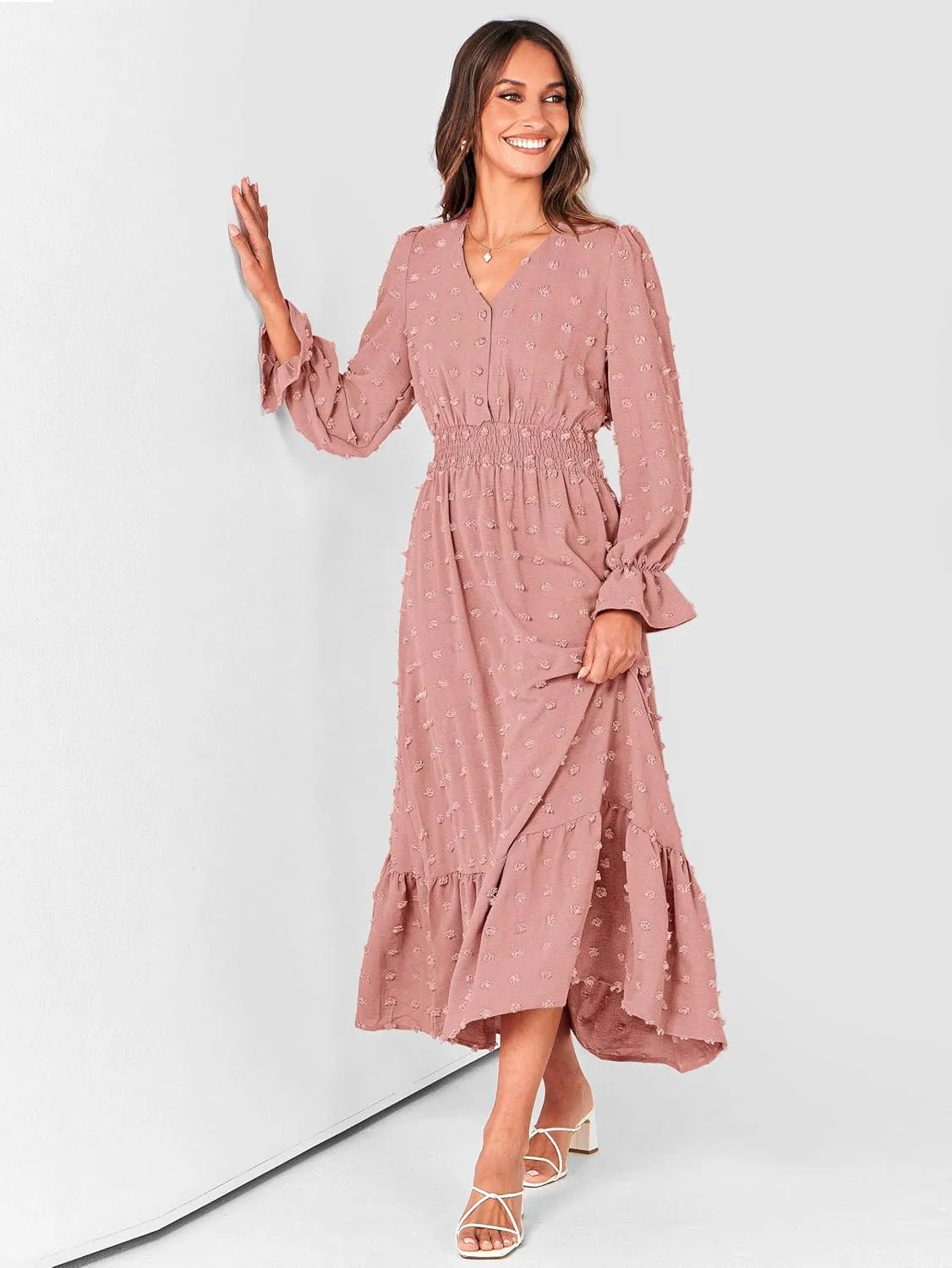 MASCOMODA Women Boho Maxi Dress 2025 Long Sleeve V Neck Swiss Dot Smocked High Waisted A-Line Ruffle Tiered Long Dress