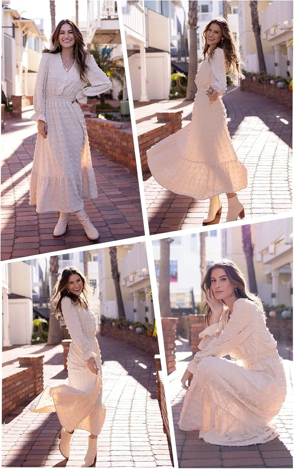 MASCOMODA Women Boho Maxi Dress 2025 Long Sleeve V Neck Swiss Dot Smocked High Waisted A-Line Ruffle Tiered Long Dress