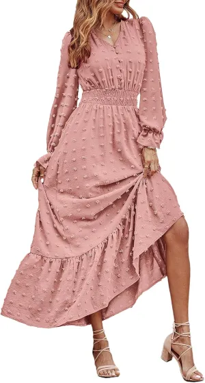 MASCOMODA Women Boho Maxi Dress 2025 Long Sleeve V Neck Swiss Dot Smocked High Waisted A-Line Ruffle Tiered Long Dress