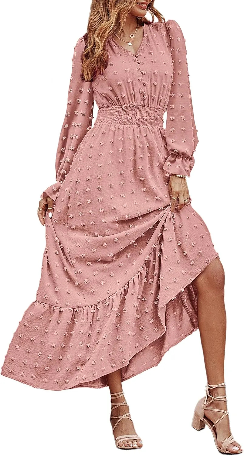 MASCOMODA Women Boho Maxi Dress 2025 Long Sleeve V Neck Swiss Dot Smocked High Waisted A-Line Ruffle Tiered Long Dress