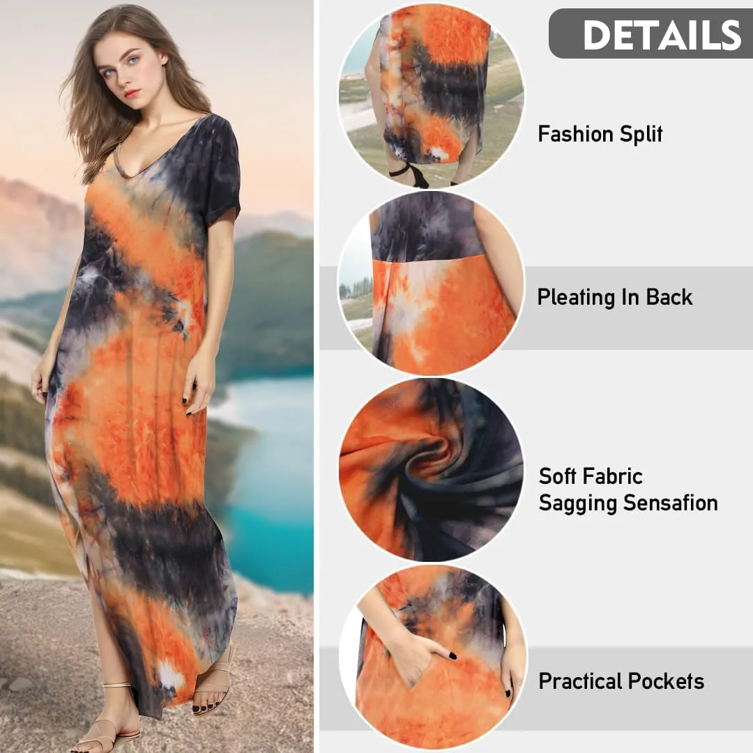 Match Women's V-Neck Casual Loose Short Sleeve Long T-Shirt Dress Split Maxi Dress with Side Pocket