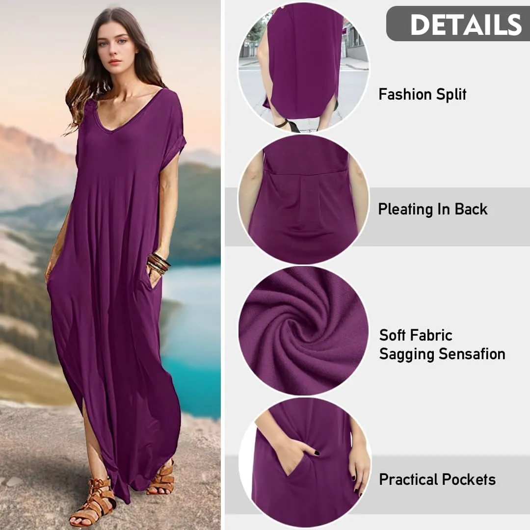 Match Women's V-Neck Casual Loose Short Sleeve Long T-Shirt Dress Split Maxi Dress with Side Pocket