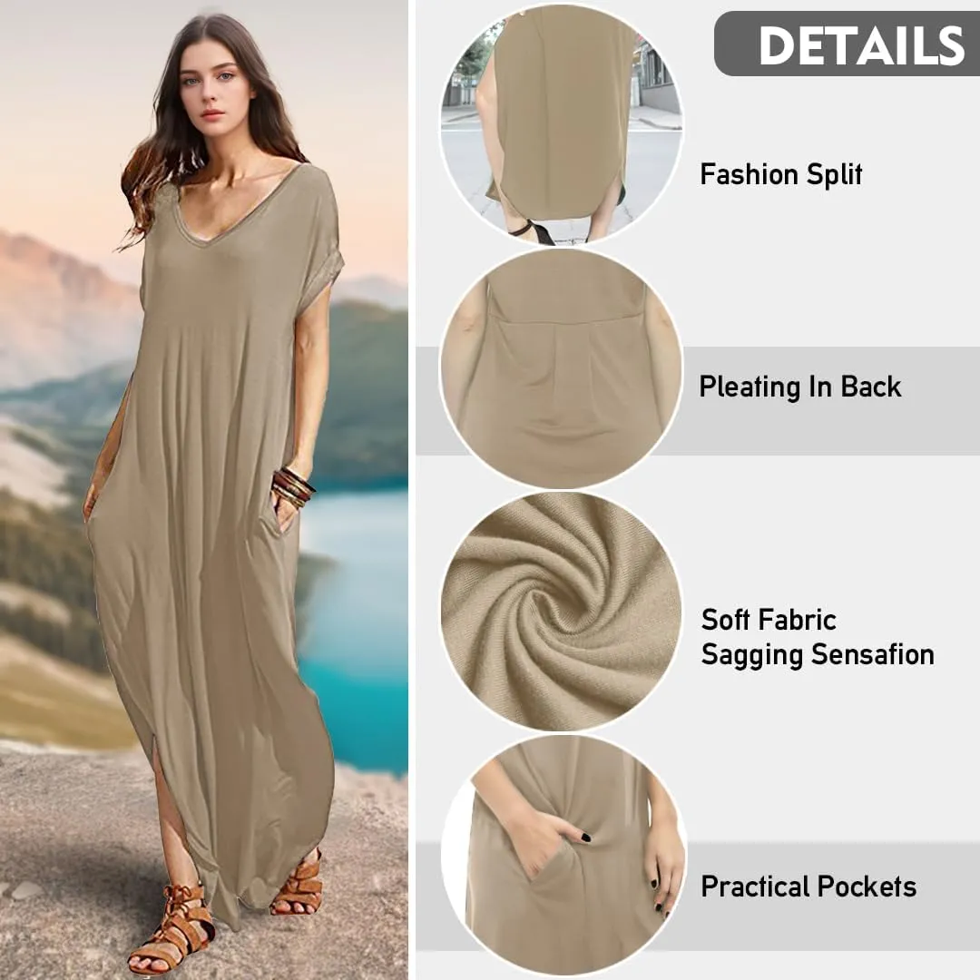 Match Women's V-Neck Casual Loose Short Sleeve Long T-Shirt Dress Split Maxi Dress with Side Pocket