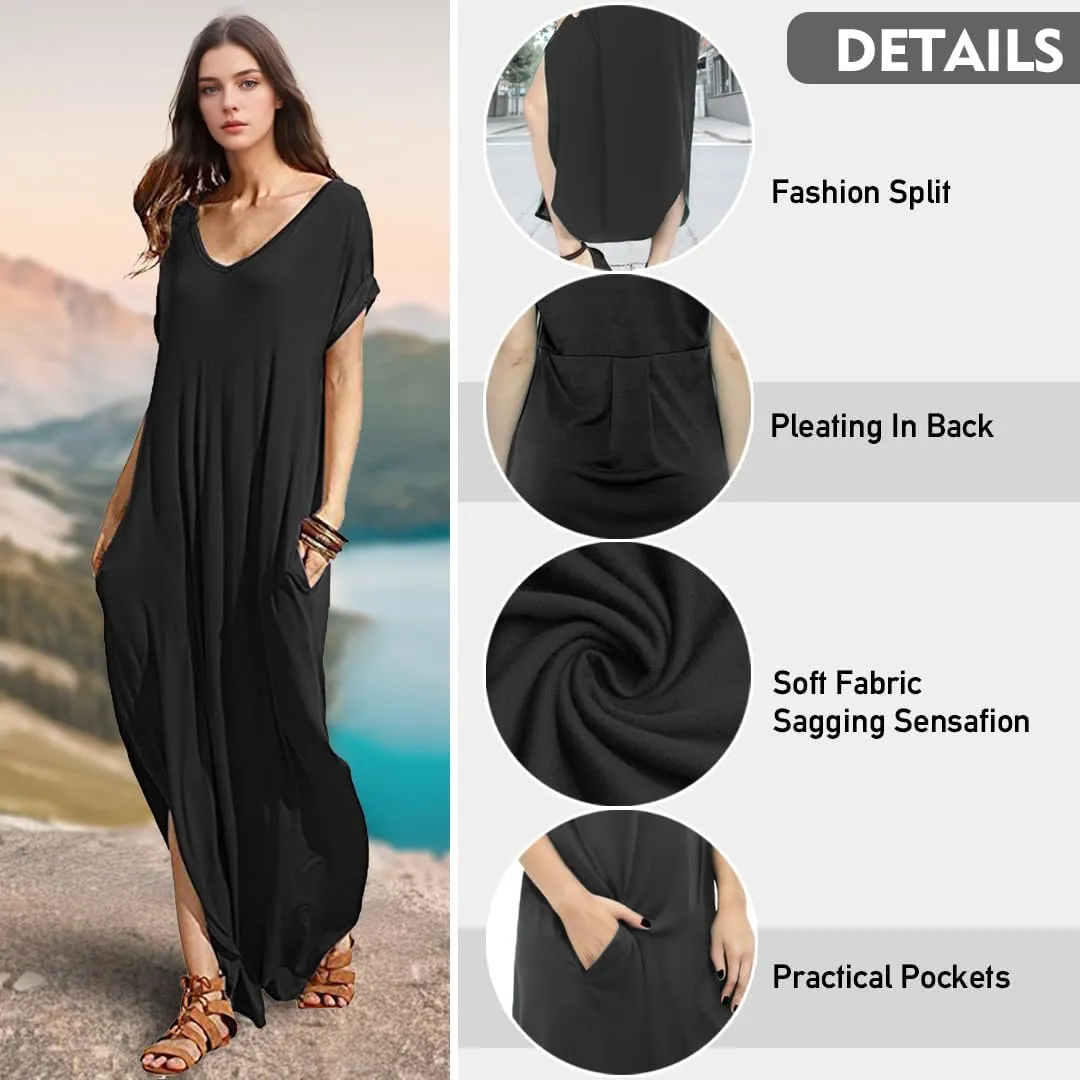 Match Women's V-Neck Casual Loose Short Sleeve Long T-Shirt Dress Split Maxi Dress with Side Pocket