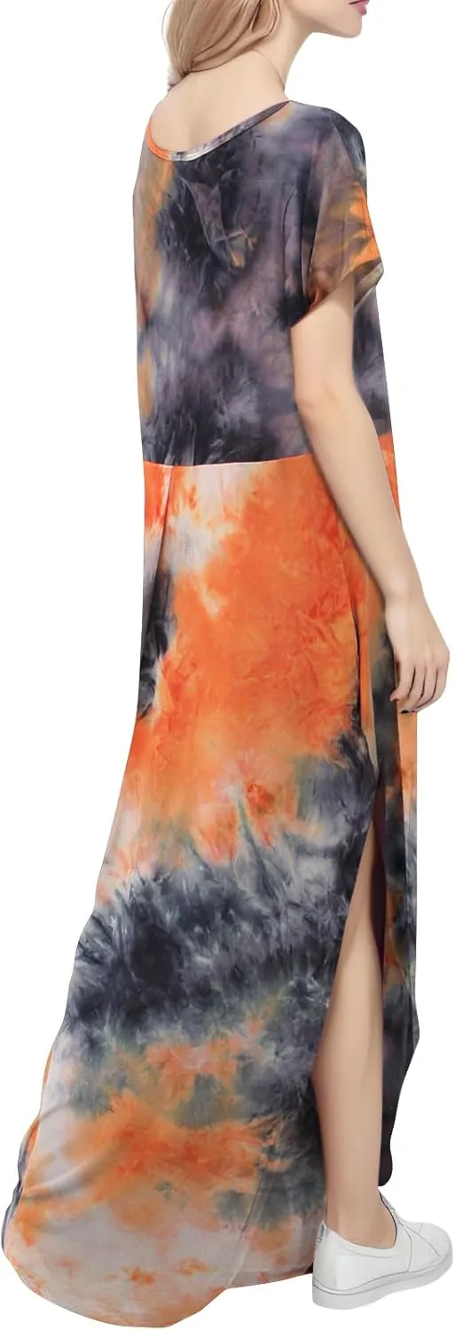 Match Women's V-Neck Casual Loose Short Sleeve Long T-Shirt Dress Split Maxi Dress with Side Pocket