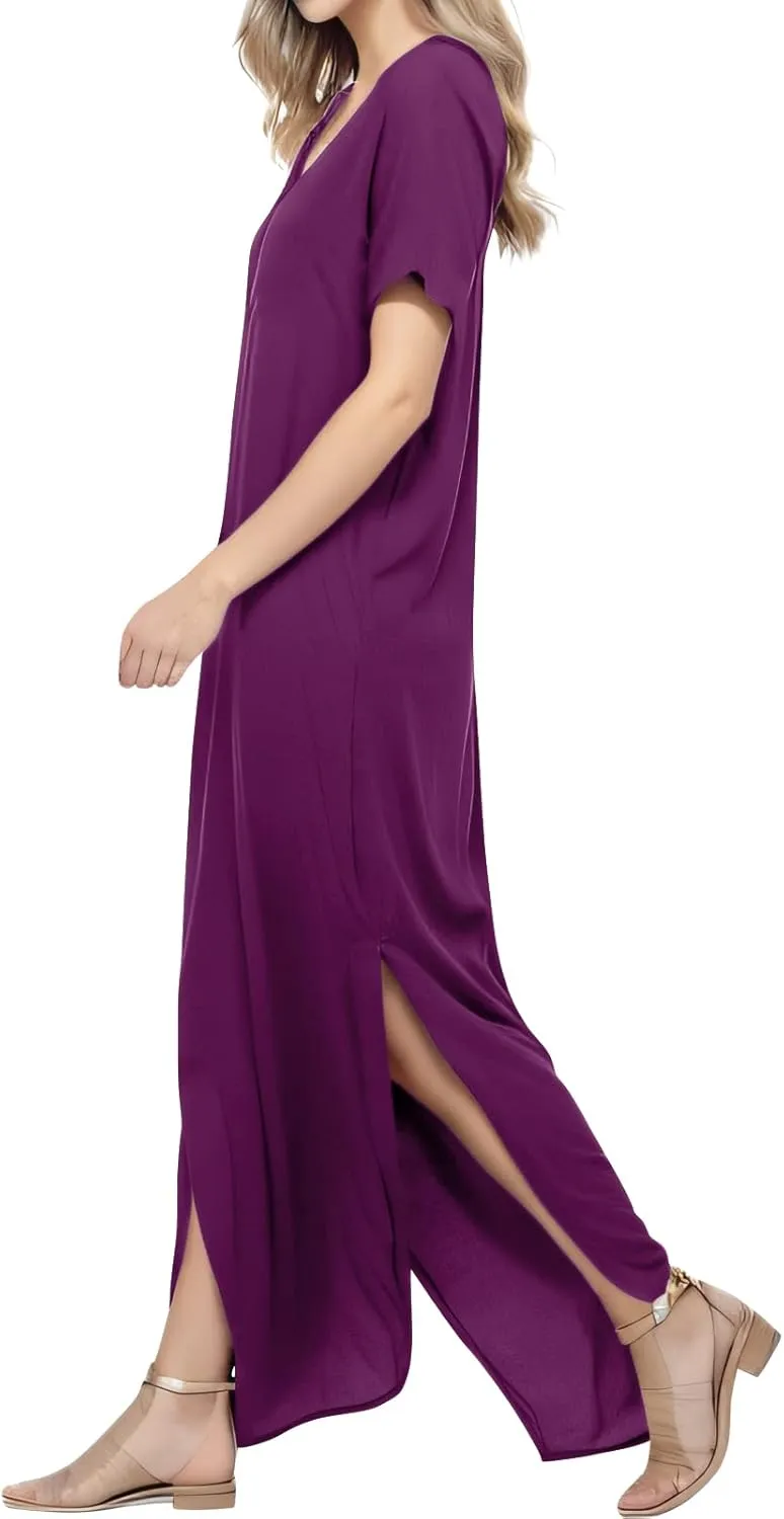 Match Women's V-Neck Casual Loose Short Sleeve Long T-Shirt Dress Split Maxi Dress with Side Pocket