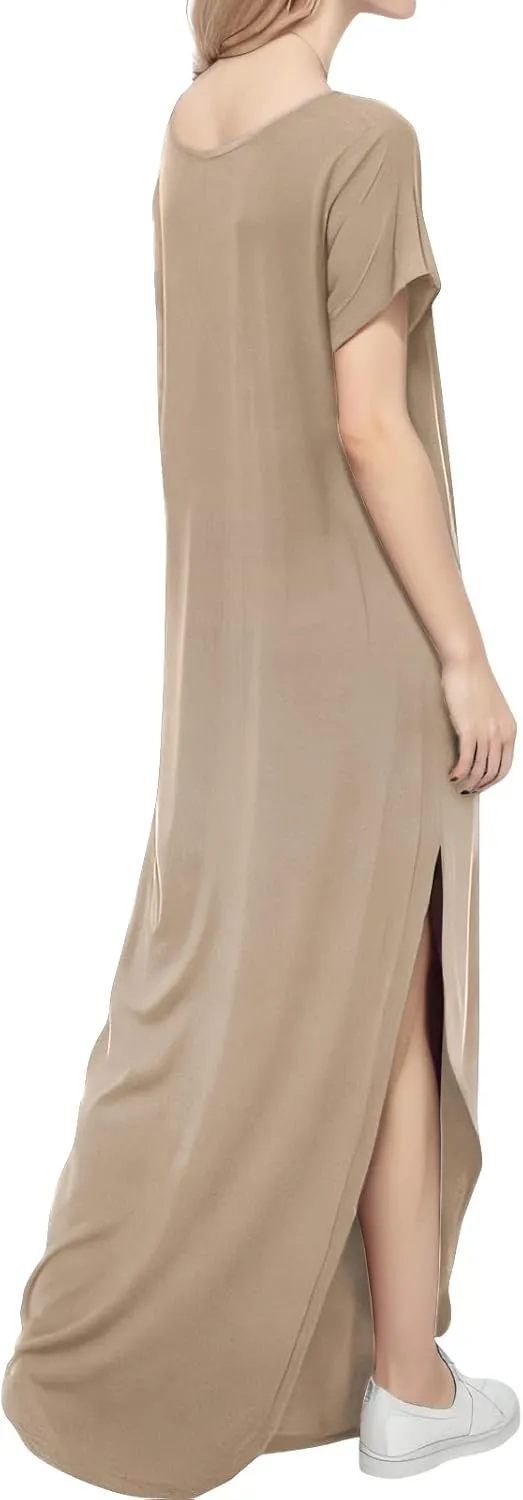 Match Women's V-Neck Casual Loose Short Sleeve Long T-Shirt Dress Split Maxi Dress with Side Pocket
