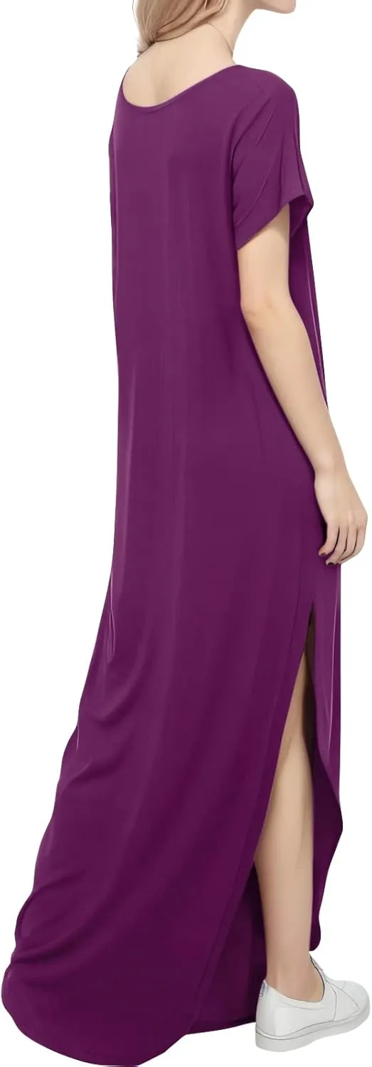 Match Women's V-Neck Casual Loose Short Sleeve Long T-Shirt Dress Split Maxi Dress with Side Pocket