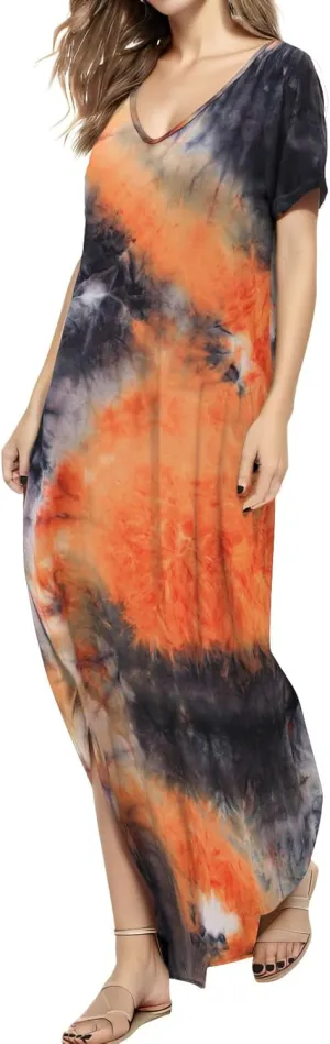 Match Women's V-Neck Casual Loose Short Sleeve Long T-Shirt Dress Split Maxi Dress with Side Pocket