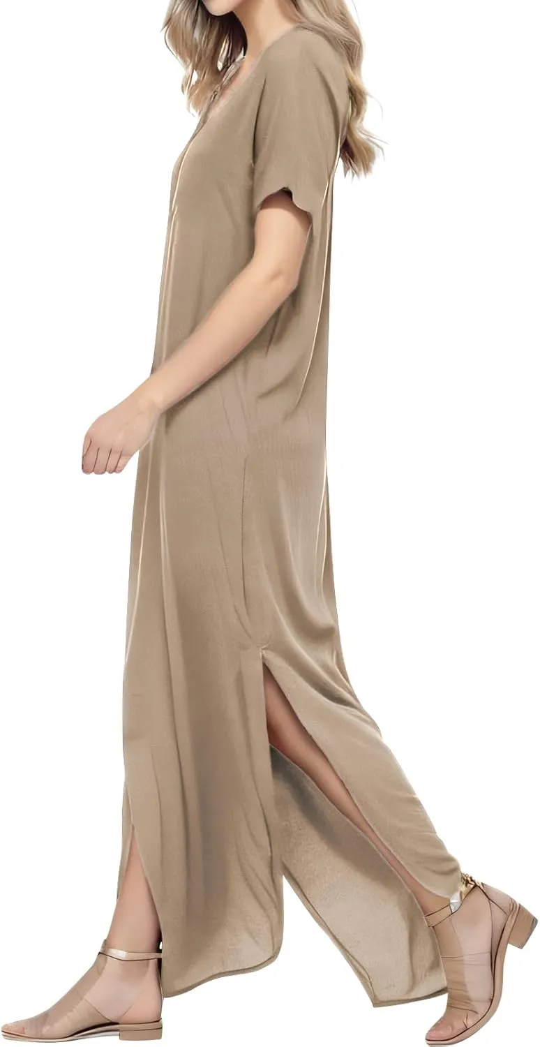 Match Women's V-Neck Casual Loose Short Sleeve Long T-Shirt Dress Split Maxi Dress with Side Pocket