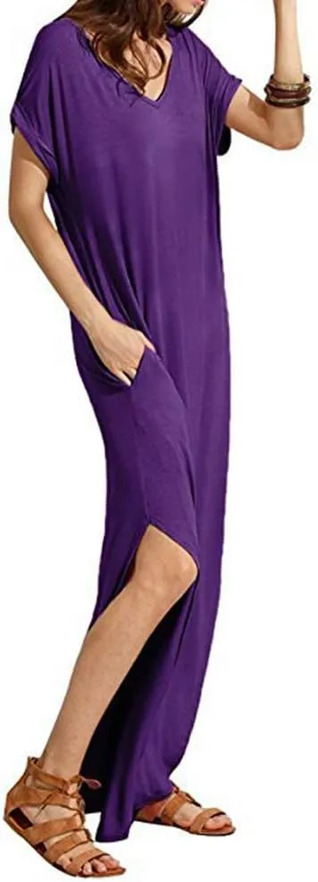 Match Women's V-Neck Casual Loose Short Sleeve Long T-Shirt Dress Split Maxi Dress with Side Pocket