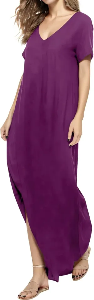 Match Women's V-Neck Casual Loose Short Sleeve Long T-Shirt Dress Split Maxi Dress with Side Pocket