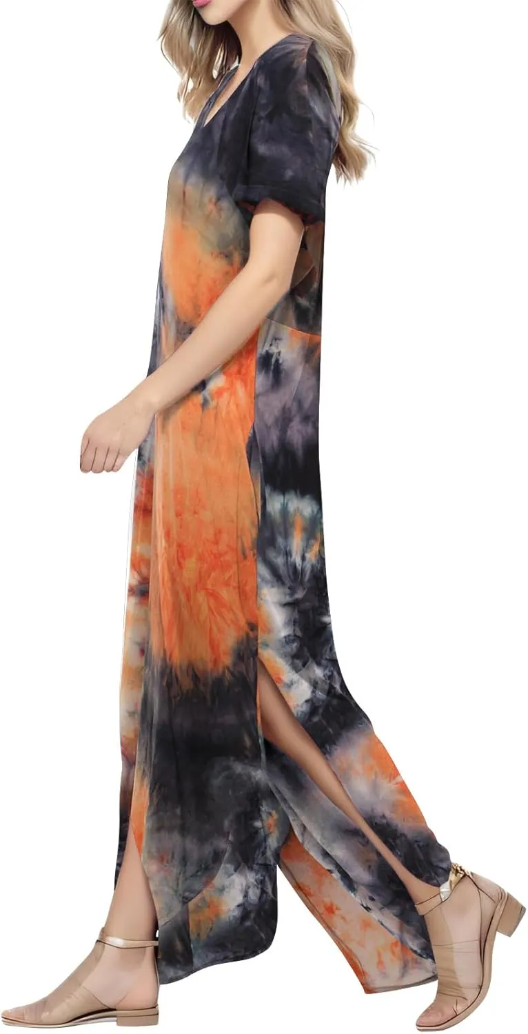 Match Women's V-Neck Casual Loose Short Sleeve Long T-Shirt Dress Split Maxi Dress with Side Pocket