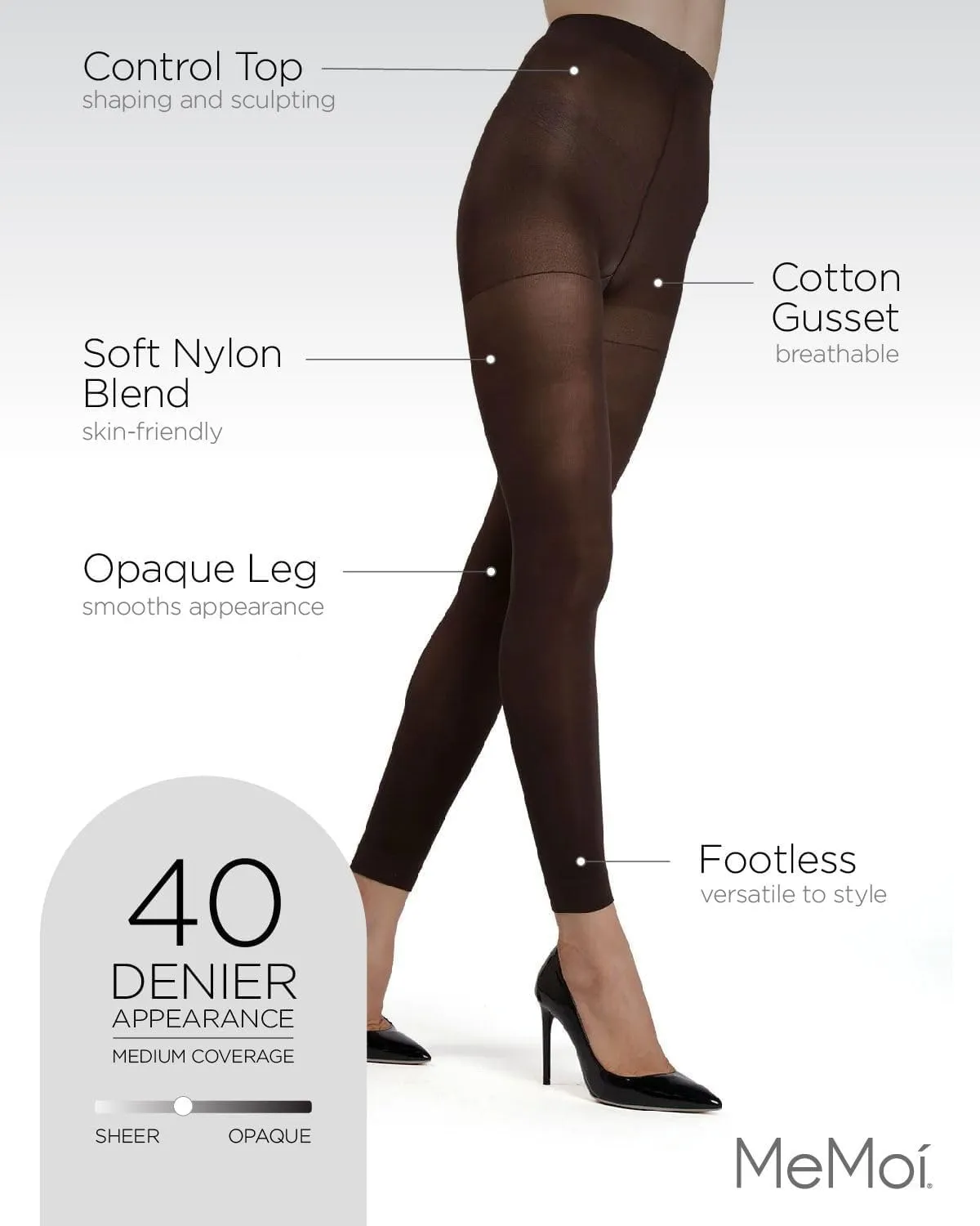 MeMoi Control Top Footless Tights, Smoothing Semi Opaque Tights for Women - Sizes Small to Queen 2
