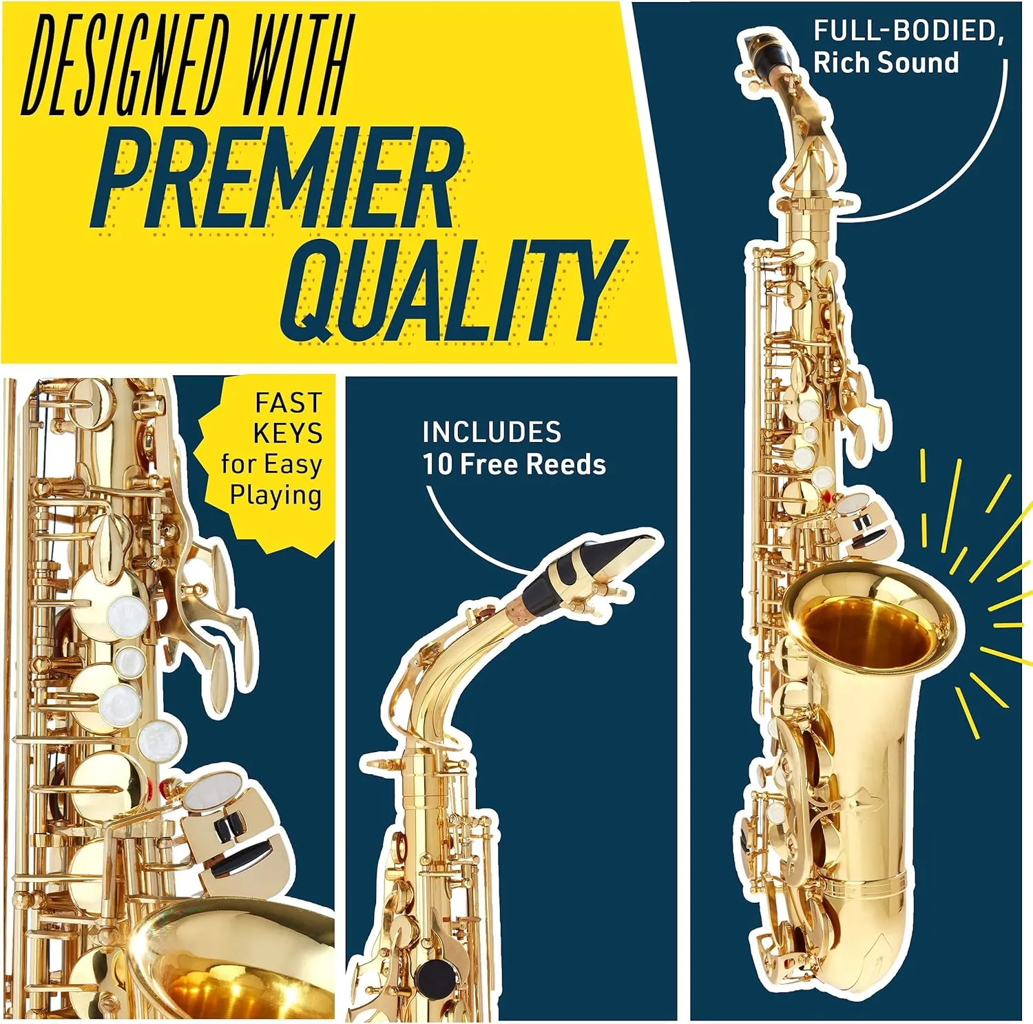 Mendini By Cecilio Alto Saxophone for Beginners, E Flat Tenor Saxophone for Students Musicians with Tuner, Mouthpiece, Case, 10 Reeds, Grease, Cleaning Cloth & Rod, Gloves, Strap, Book (BlackGold)