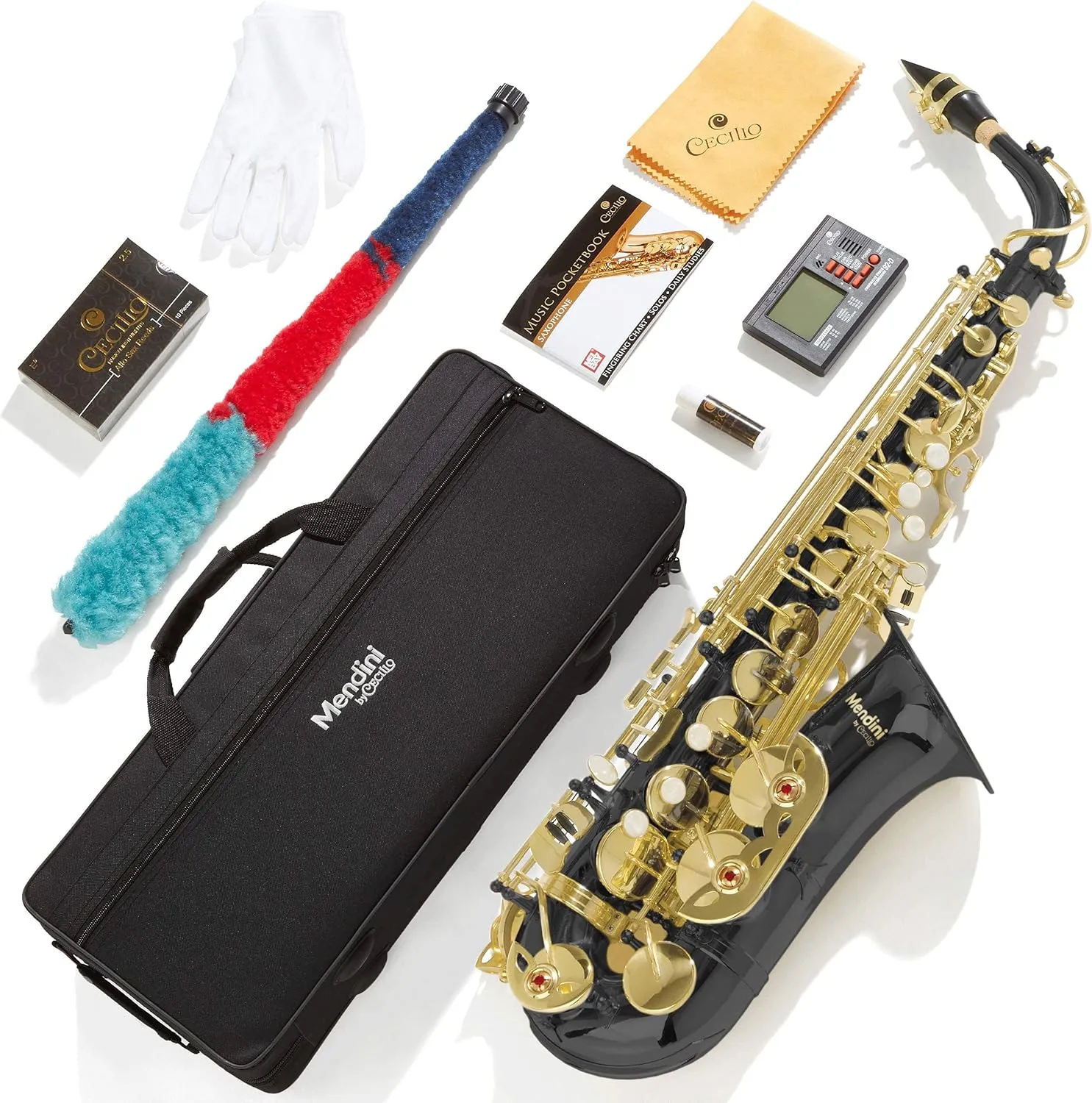 Mendini By Cecilio Alto Saxophone for Beginners, E Flat Tenor Saxophone for Students Musicians with Tuner, Mouthpiece, Case, 10 Reeds, Grease, Cleaning Cloth & Rod, Gloves, Strap, Book (BlackGold)