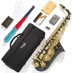 Mendini By Cecilio Alto Saxophone for Beginners, E Flat Tenor Saxophone for Students Musicians with Tuner, Mouthpiece, Case, 10 Reeds, Grease, Cleaning Cloth & Rod, Gloves, Strap, Book (BlackGold)