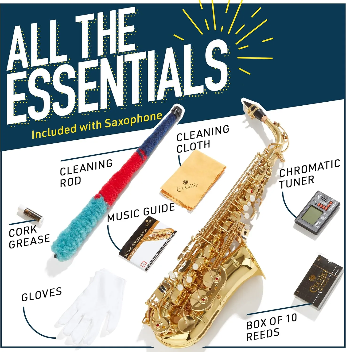 Mendini By Cecilio Alto Saxophone for Beginners, E Flat Tenor Saxophone for Students Musicians with Tuner, Mouthpiece, Case, 10 Reeds, Grease, Cleaning Cloth & Rod, Gloves, Strap, Book (BlackGold)
