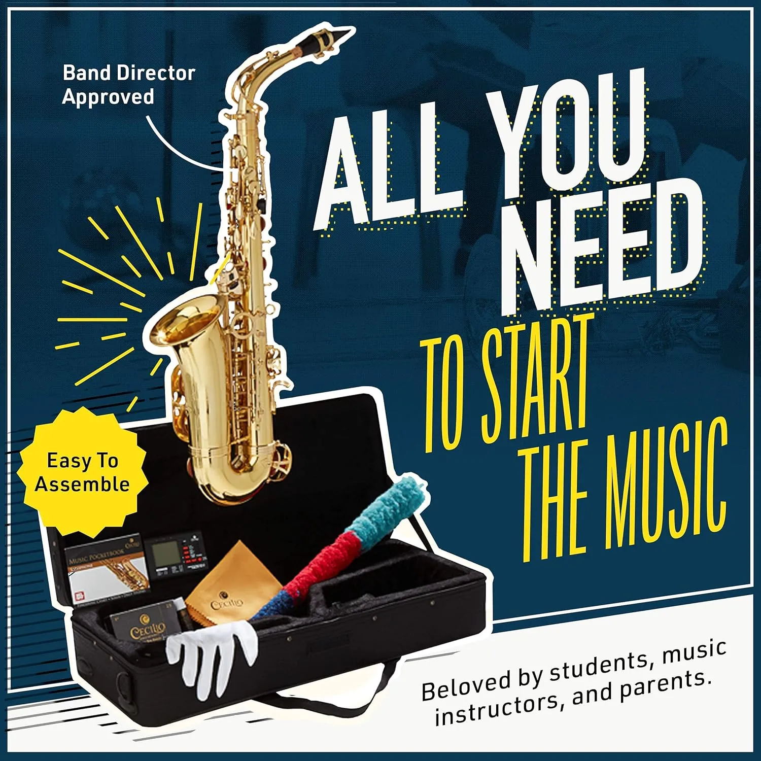 Mendini By Cecilio Alto Saxophone for Beginners, E Flat Tenor Saxophone for Students Musicians with Tuner, Mouthpiece, Case, 10 Reeds, Grease, Cleaning Cloth & Rod, Gloves, Strap, Book (BlackGold)
