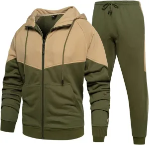 Men's Hooded Athletic Tracksuit Sweatsuit Long Sleeve Full-Zip Jogging Sweatpants 2 Piece Patchwork Sportsuits
