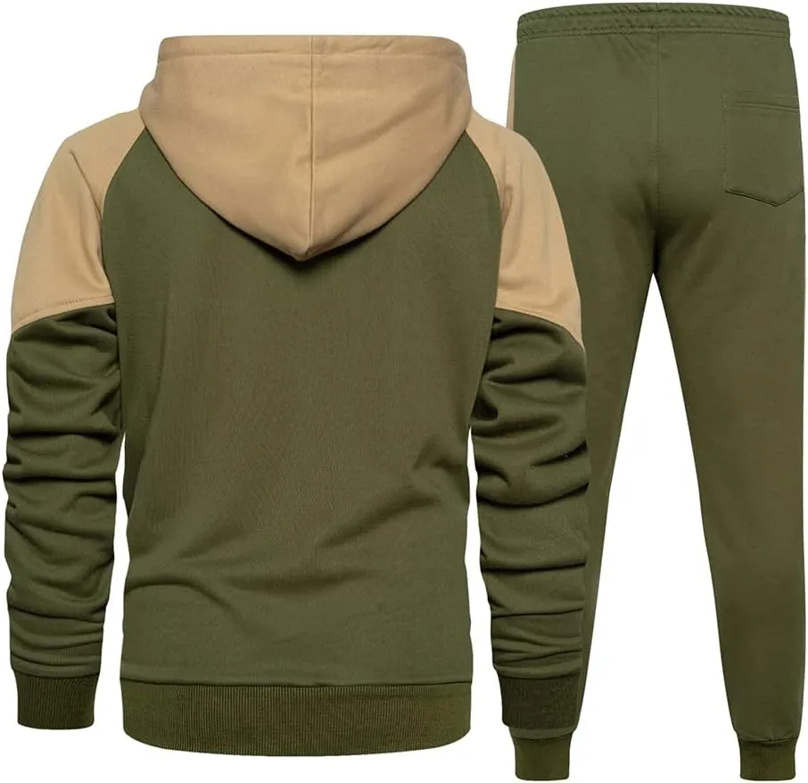 Men's Hooded Athletic Tracksuit Sweatsuit Long Sleeve Full-Zip Jogging Sweatpants 2 Piece Patchwork Sportsuits