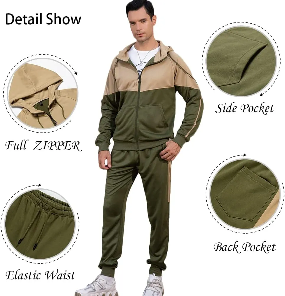Men's Hooded Athletic Tracksuit Sweatsuit Long Sleeve Full-Zip Jogging Sweatpants 2 Piece Patchwork Sportsuits
