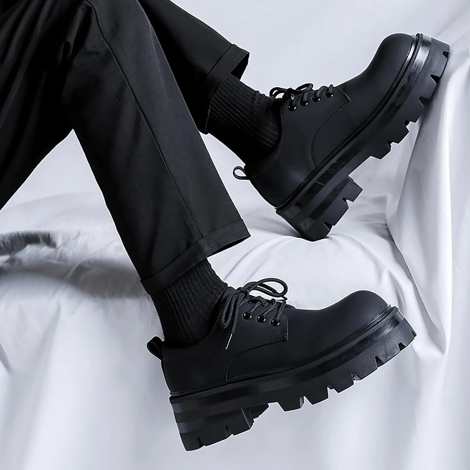 Men's Leather Platform Oxfords - Classic Round Toe Lace Up Dress Shoes -Comfort Non-Slip Lug Sole Chunky Heel Heightening Derby Shoes