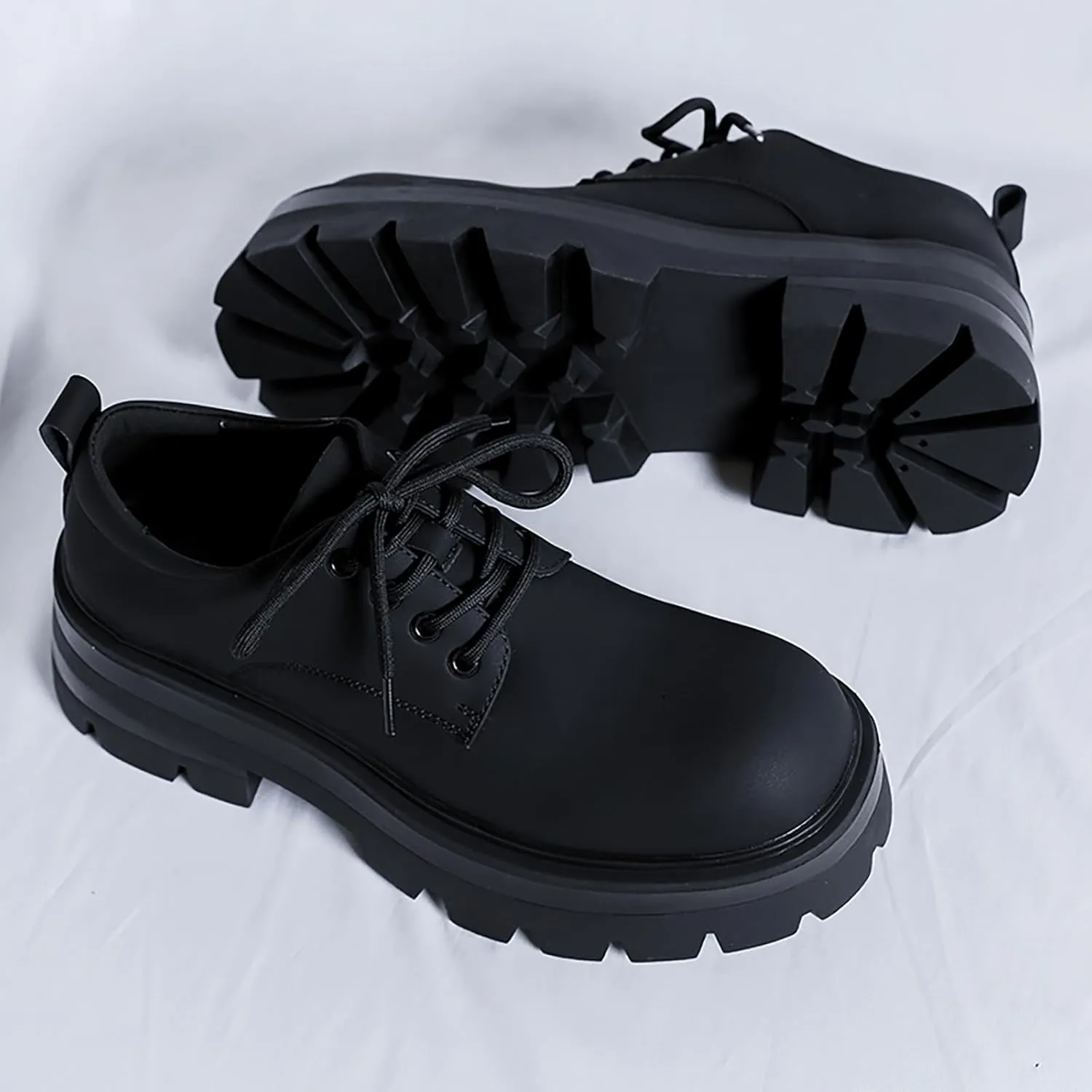 Men's Leather Platform Oxfords - Classic Round Toe Lace Up Dress Shoes -Comfort Non-Slip Lug Sole Chunky Heel Heightening Derby Shoes