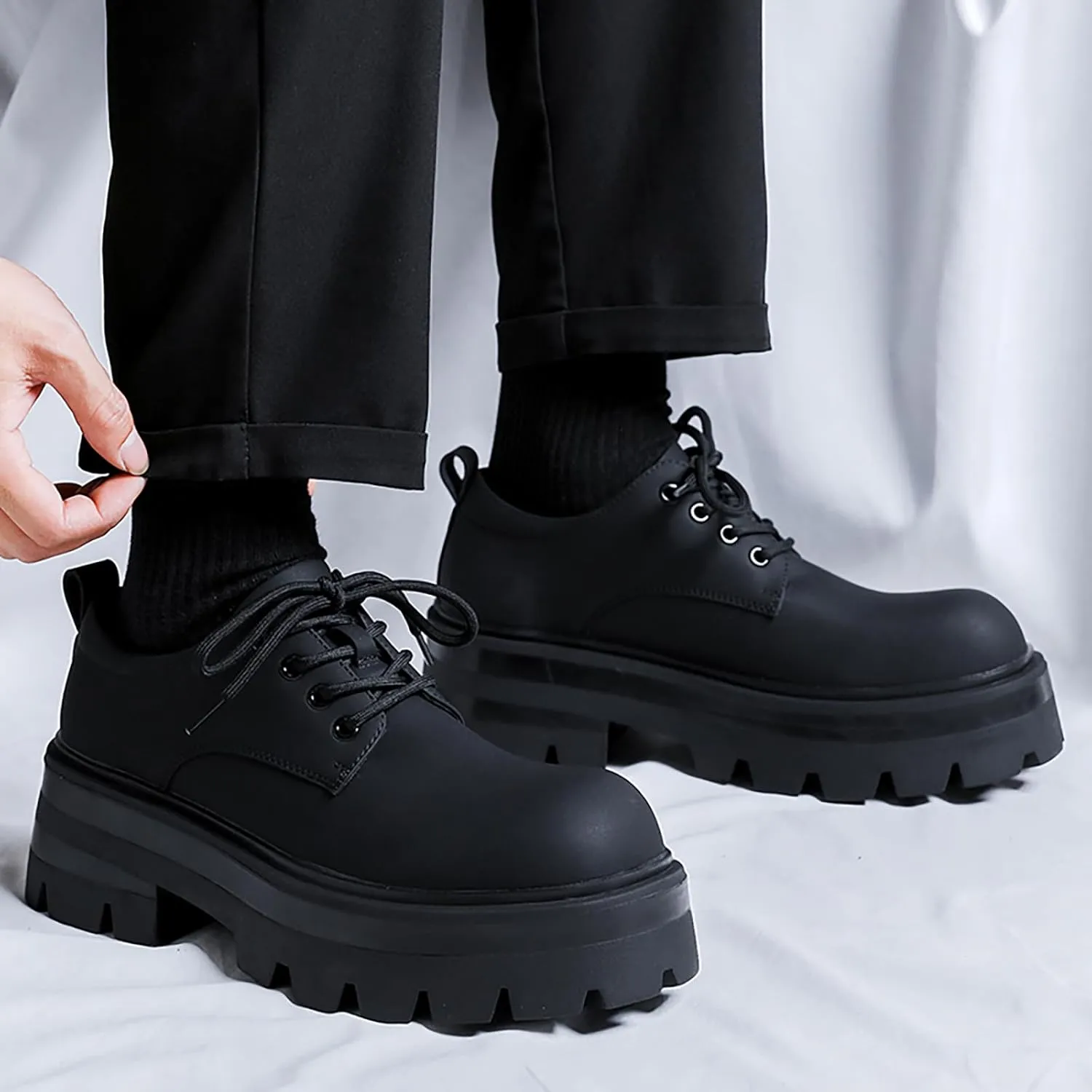 Men's Leather Platform Oxfords - Classic Round Toe Lace Up Dress Shoes -Comfort Non-Slip Lug Sole Chunky Heel Heightening Derby Shoes