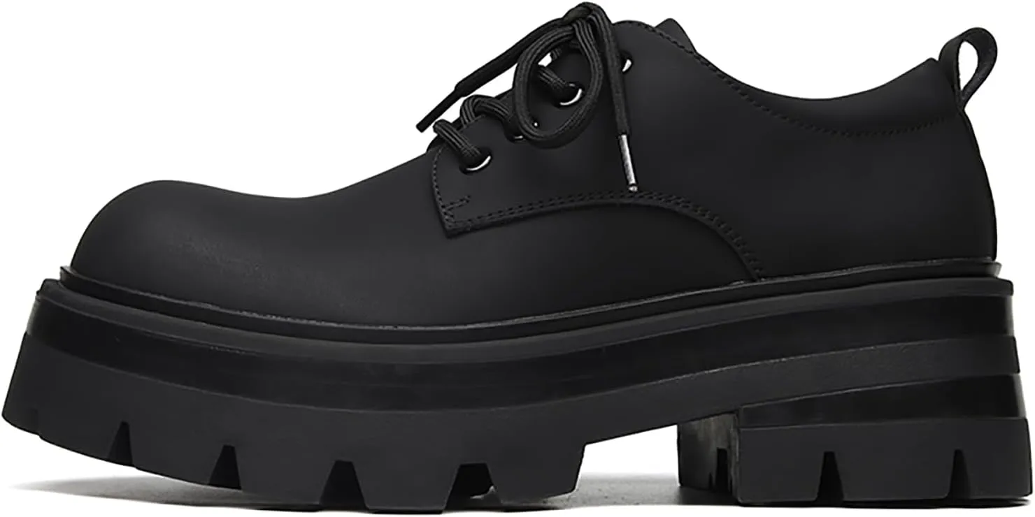 Men's Leather Platform Oxfords - Classic Round Toe Lace Up Dress Shoes -Comfort Non-Slip Lug Sole Chunky Heel Heightening Derby Shoes
