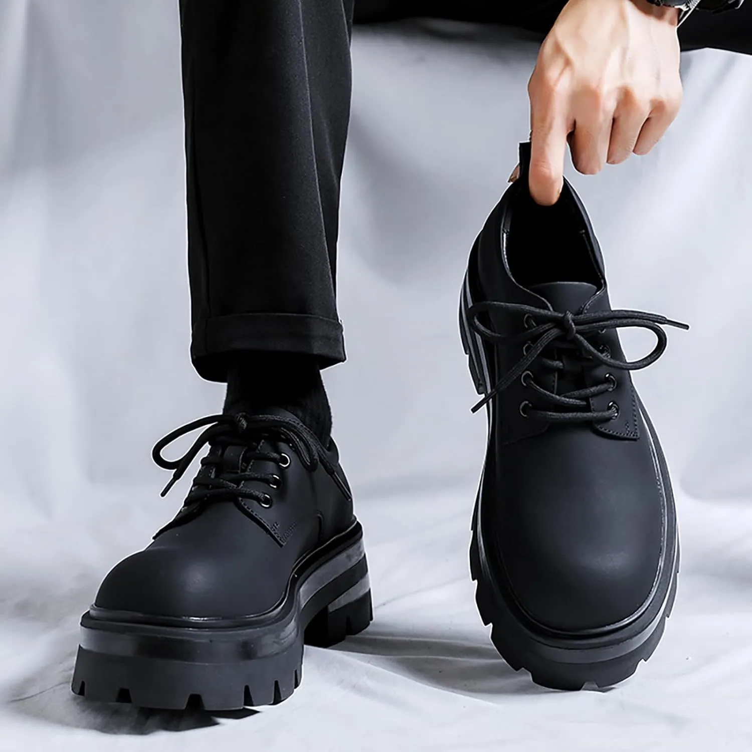Men's Leather Platform Oxfords - Classic Round Toe Lace Up Dress Shoes -Comfort Non-Slip Lug Sole Chunky Heel Heightening Derby Shoes