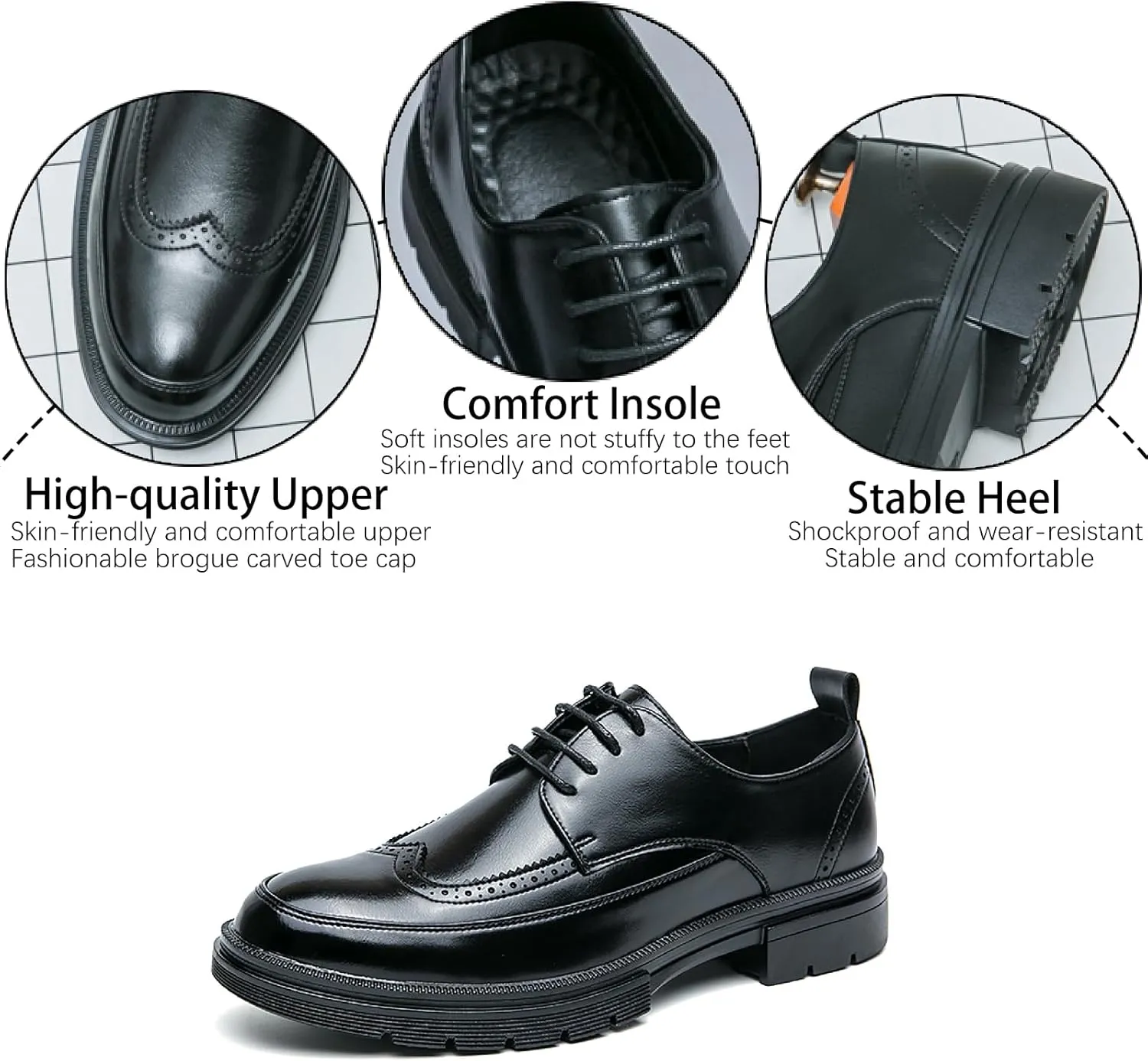 Men's Leather Platform Wingtips Oxfords Retro Brogue Classic Lace-up Lug Sole Dress Shoes for Formal Business Office Derby Shoes