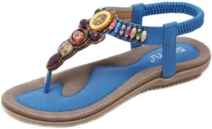 MIOKE Women's Bohemia Beaded Flat Sandals T-strap Summer Beach Elastic Slingback Flip Flops Thong Shoes