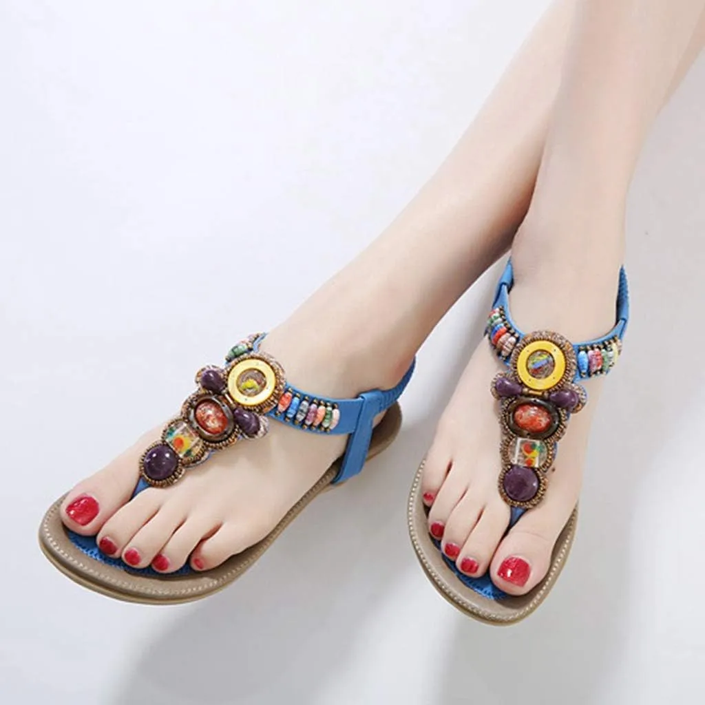 MIOKE Women's Bohemia Beaded Flat Sandals T-strap Summer Beach Elastic Slingback Flip Flops Thong Shoes
