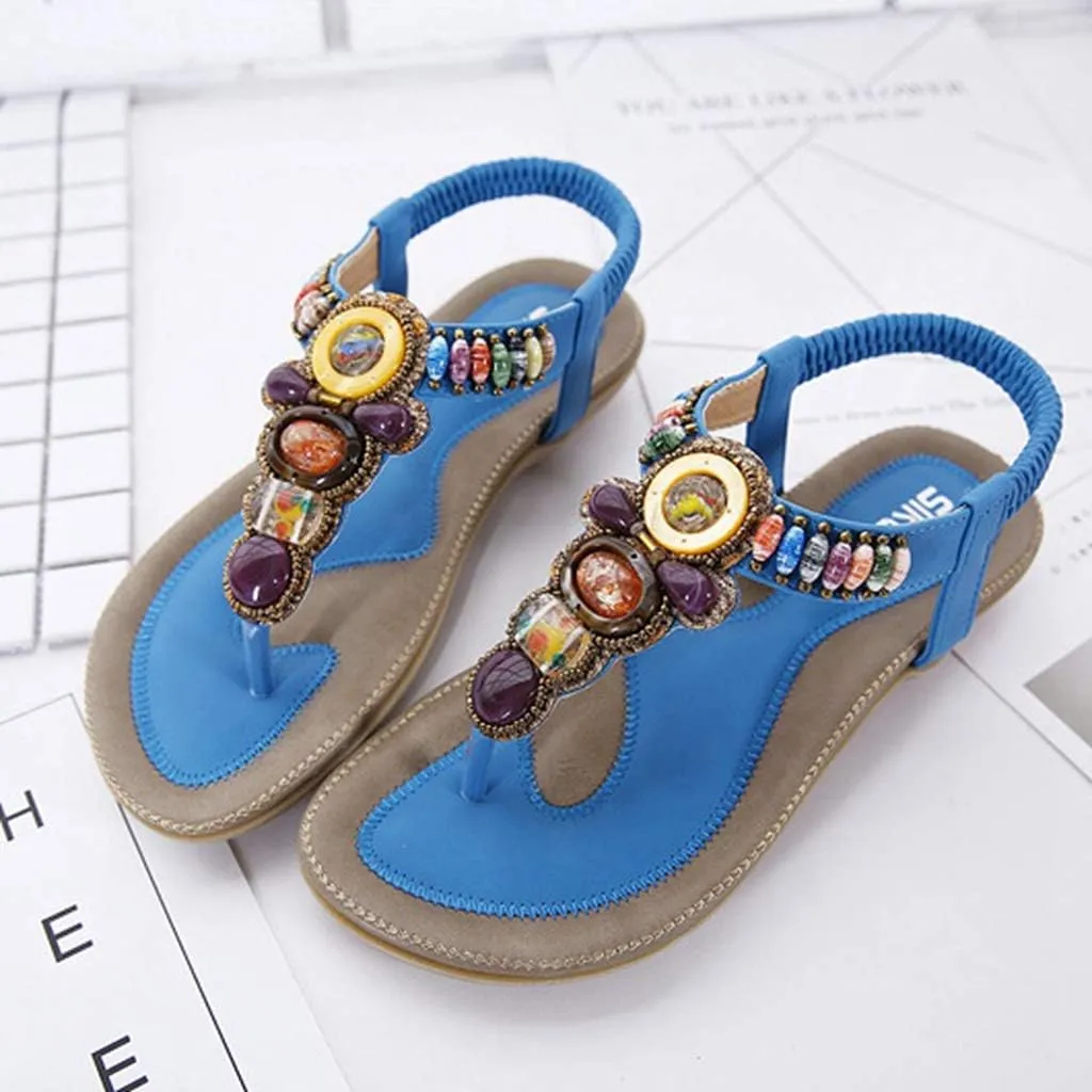 MIOKE Women's Bohemia Beaded Flat Sandals T-strap Summer Beach Elastic Slingback Flip Flops Thong Shoes