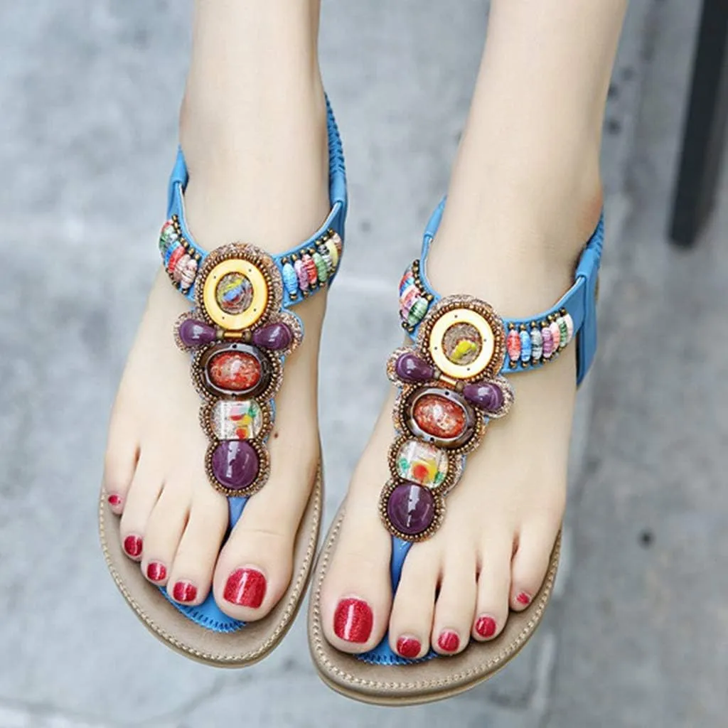 MIOKE Women's Bohemia Beaded Flat Sandals T-strap Summer Beach Elastic Slingback Flip Flops Thong Shoes