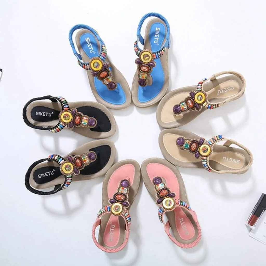 MIOKE Women's Bohemia Beaded Flat Sandals T-strap Summer Beach Elastic Slingback Flip Flops Thong Shoes