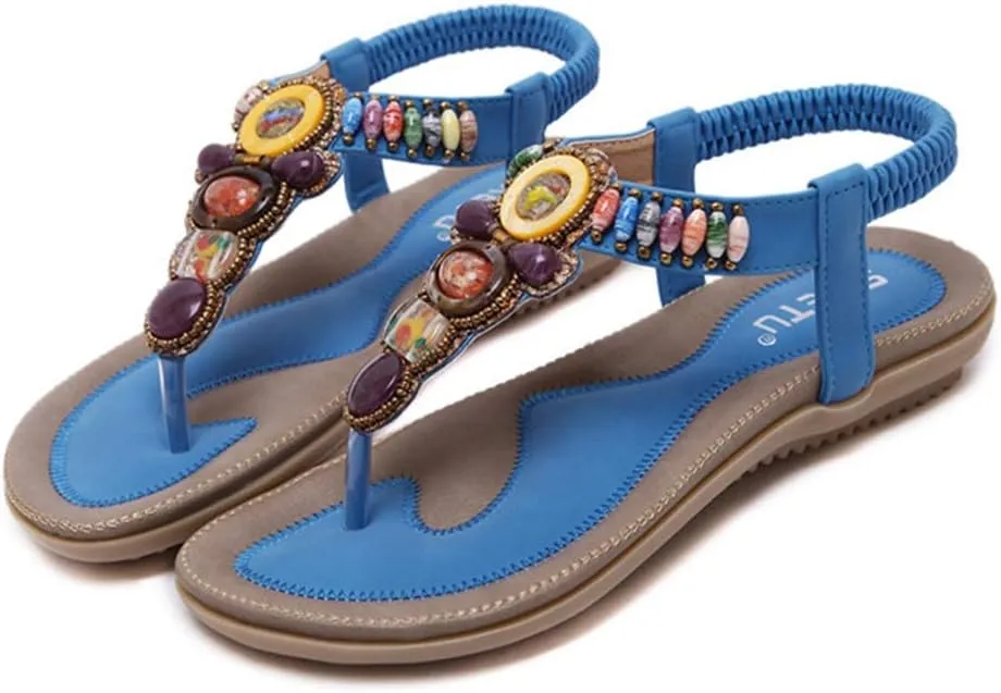 MIOKE Women's Bohemia Beaded Flat Sandals T-strap Summer Beach Elastic Slingback Flip Flops Thong Shoes