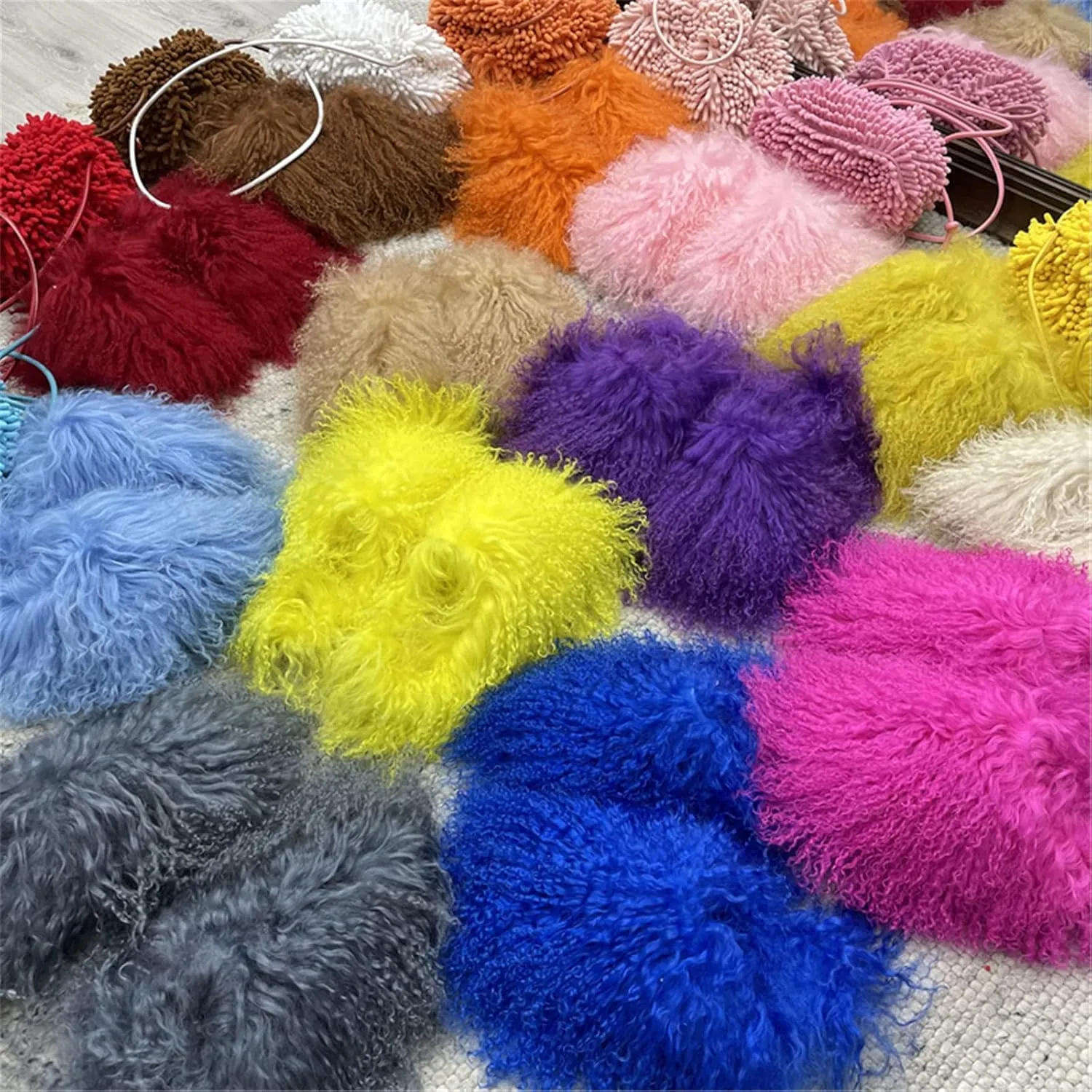 MSS1 Real Mongolian Sheep Fur Slippers Closed Toe For Women Girls Furry Big Fluffy Outdoor Beach Flat Luxury Slides Sliders With Tibetan Fur Long Curly Hair (9, Pink)