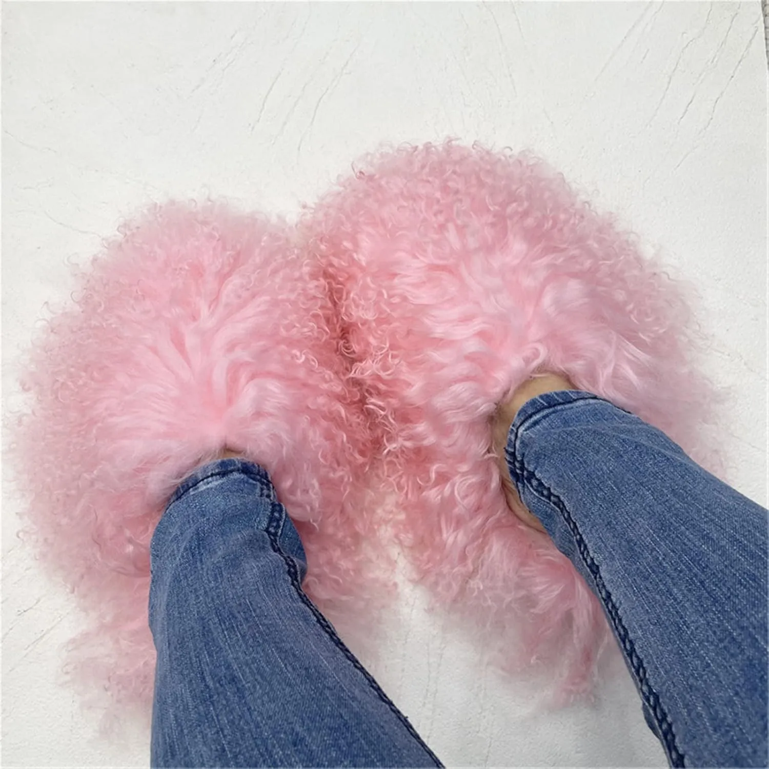 MSS1 Real Mongolian Sheep Fur Slippers Closed Toe For Women Girls Furry Big Fluffy Outdoor Beach Flat Luxury Slides Sliders With Tibetan Fur Long Curly Hair (9, Pink)