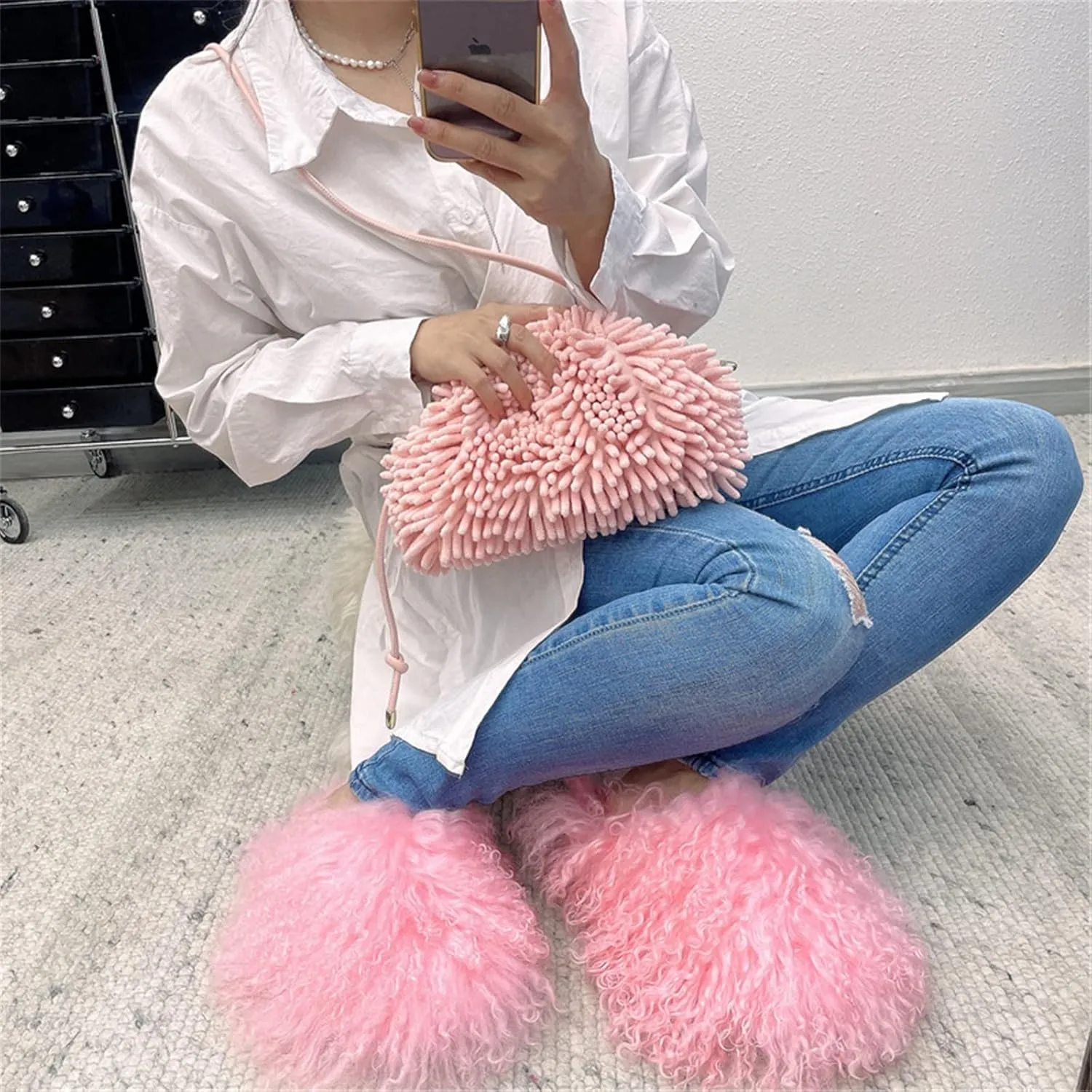MSS1 Real Mongolian Sheep Fur Slippers Closed Toe For Women Girls Furry Big Fluffy Outdoor Beach Flat Luxury Slides Sliders With Tibetan Fur Long Curly Hair (9, Pink)
