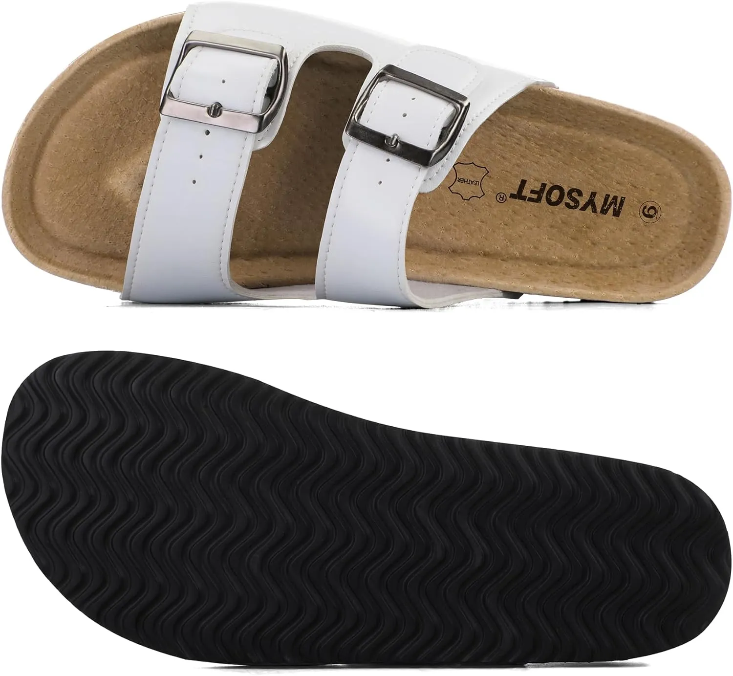 mysoft Womens Flat Sandals Cork Footbed Slides 2 Straps Adjustable Buckle Slip On Summer with  Comfort Shoes