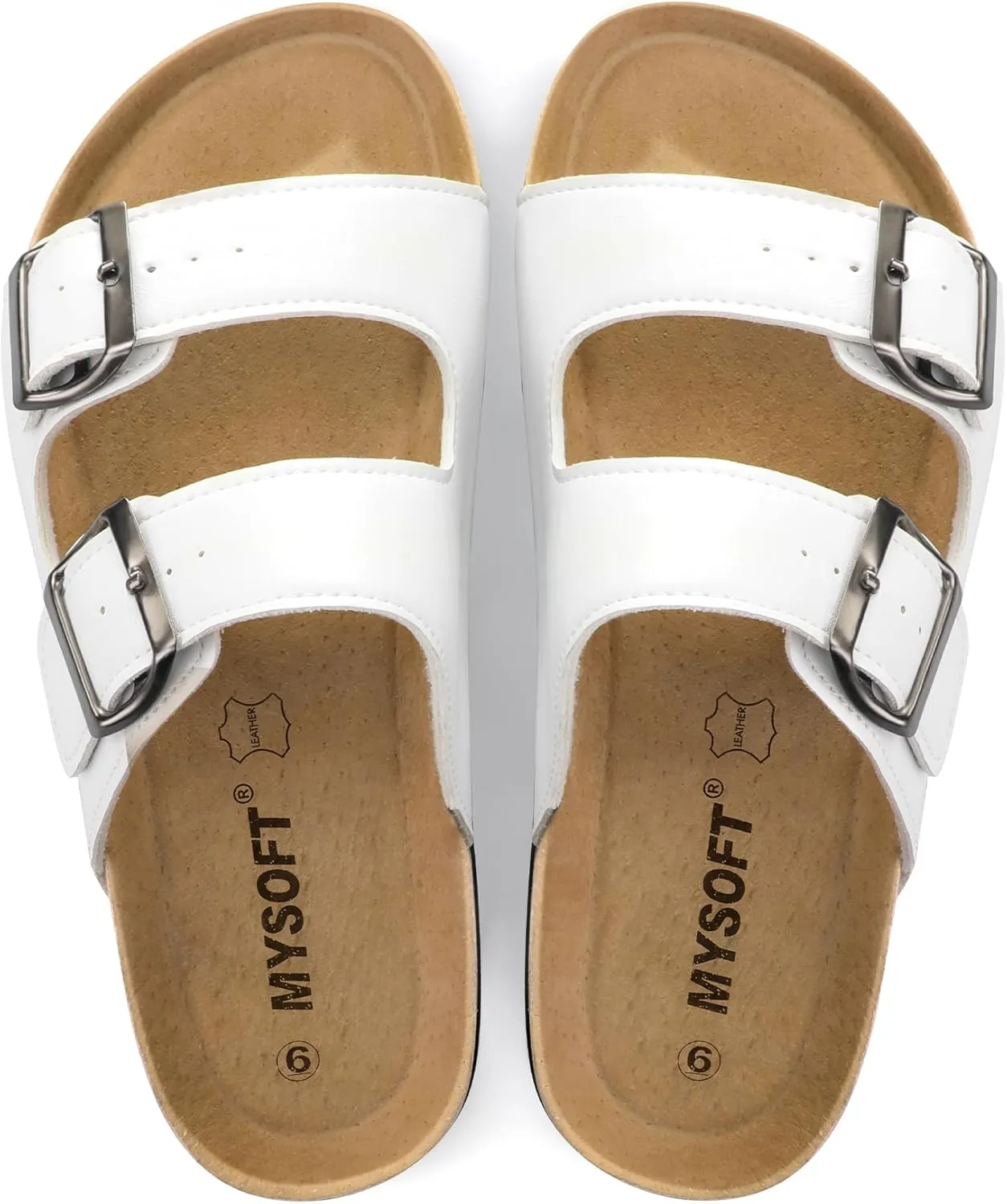 mysoft Womens Flat Sandals Cork Footbed Slides 2 Straps Adjustable Buckle Slip On Summer with  Comfort Shoes