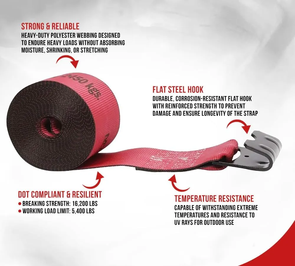 Mytee Products Kinedyne Winch Straps 4" x 30" Red Heavy Duty Tie Down with Flat Hooks WLL# 5400 lbs | 4 Inch Cargo Control for Flatbed Truck Utility Trailer (20 Pack)