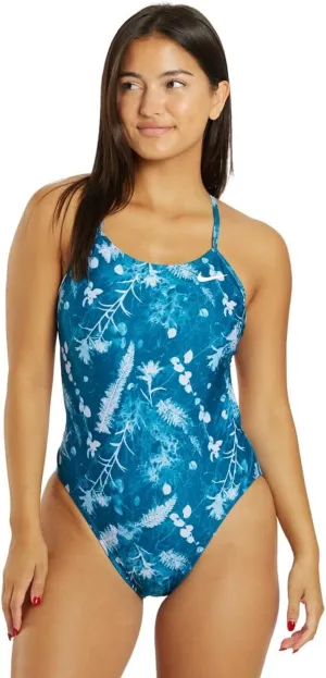 Nike Women's HydraStrong Multi Print Cut Out One Piece Swimsuit Mineral Teal, Size 24