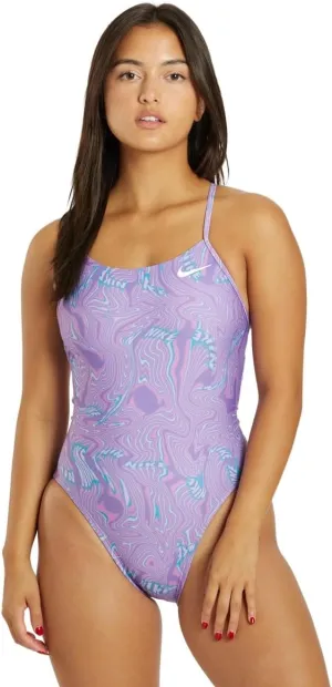 Nike Women's HydraStrong Multi Print Lace Up Tie Back One Piece Swimsuit Cobalt Bliss, 30