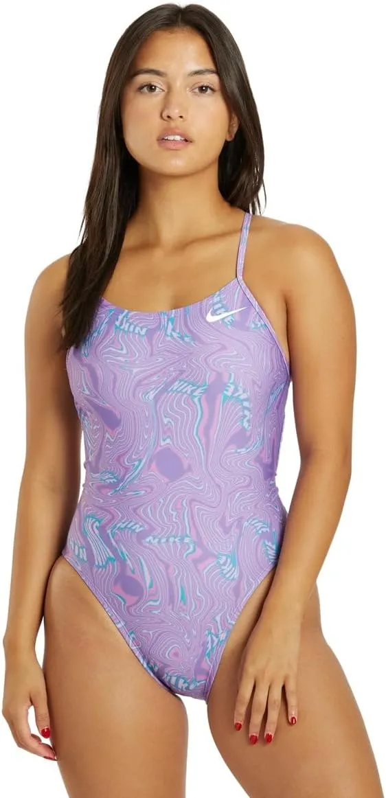 Nike Women's HydraStrong Multi Print Lace Up Tie Back One Piece Swimsuit Cobalt Bliss, 30
