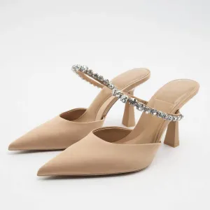 Pointy Toes Crystal Strap Open Back Heels