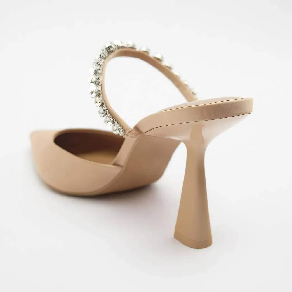 Pointy Toes Crystal Strap Open Back Heels